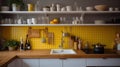 Interior of stylish kitchen with white counters, peg boards and yellow wall, generative ai Royalty Free Stock Photo