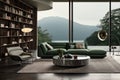 Interior of stylish living room in modern villa. Green cushioned furniture, round coffee table, rug on the floor, glass