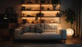 Interior of stylish living room with sofa and shelving unit at night Royalty Free Stock Photo