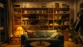 Interior of stylish living room with sofa and shelving unit at night Royalty Free Stock Photo