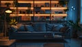 Interior of stylish living room with sofa and shelving unit at night Royalty Free Stock Photo
