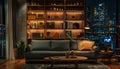 Interior of stylish living room with sofa and shelving unit at night Royalty Free Stock Photo