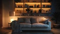 Interior of stylish living room with sofa and shelving unit at night Royalty Free Stock Photo