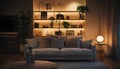 Interior of stylish living room with sofa and shelving unit at night Royalty Free Stock Photo