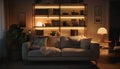 Interior of stylish living room with sofa and shelving unit at night Royalty Free Stock Photo