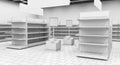 Interior of a supermarket with shelves for goods. 3d illustration