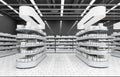 Interior of a supermarket with shelves for goods.