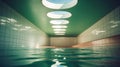 Interior of a swimming pool with clear green water and round skylights. Architecture of a minimalist pool room. Generative AI