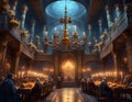 Interior of a temple on a night mass. Monks sitting at the tables, lots of candles lighting the big.