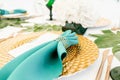 Interior of tent for wedding diner, ready for guests. Served round banquet table outdoor in marquee decorated hydrangea Royalty Free Stock Photo