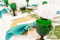 Interior of tent for wedding diner, ready for guests. Served round banquet table outdoor in marquee decorated hydrangea Royalty Free Stock Photo