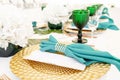 Interior of tent for wedding diner, ready for guests. Served round banquet table outdoor in marquee decorated hydrangea Royalty Free Stock Photo