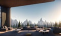 The interior of the terrace of a country house with a beautiful panorama of the forest, generated by artificial intelligence.,