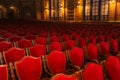 Interior theater art. Audience with empty soft armchairs of Opera and Ballet Theater is waiting for audience. Empty interior of