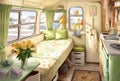 Interior of a tiny camper van with bed and small kitchen. Generative AI