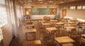 Interior of a traditional Japanese school classroom made of wood