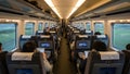 Interior of a train with passengers sitting in gray seats and using tablets Royalty Free Stock Photo