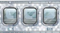 The interior of a train window. Modern realistic set of clear windows with metal frames and handles in a metro wagon, a Royalty Free Stock Photo