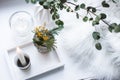 Interior tray decoration with burning candle, mimosa flowers and branches