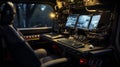 Interior of a truck with a desk and monitors. Generative AI. Royalty Free Stock Photo