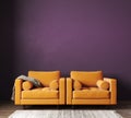 Interior with two orange colored armchairs and empty purple wall background