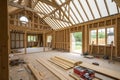 Interior of UK timber frame house under construction Royalty Free Stock Photo