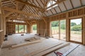 Interior of UK timber frame house under construction Royalty Free Stock Photo