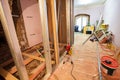 Interior of upgrade apartment with materials during on the remodeling, renovation, extension, restoration, reconstruction Royalty Free Stock Photo