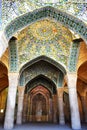The interior of Vakil Mosque with large columns and crescent-shaped ceilings, with beautiful Iranian decorations and tiles,Shiraz.