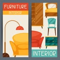 Interior vertical banners with furniture in retro
