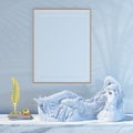 Framed vertical poster mockup with antique greek sculpture of sleeping Ariadne on the marble table.