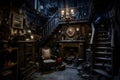 Interior View of a Abandoned House with Antique Chair, Dusty Staircase, Cobwebs, Dusty Books and Creepy Details. Halloween Theme