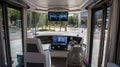 Interior view of advanced self-driving bus with transparent design, high-tech dashboard Royalty Free Stock Photo