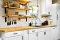 Interior view of a bright, modern kitchen featuring white wood cabinets Royalty Free Stock Photo