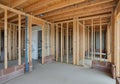 Interior view of a building under construction, featuring exposed wooden framing with vertical Royalty Free Stock Photo