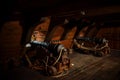 Interior view of Cannons At The Deck and Cannon Balls plus windows on old galleon with ropes Royalty Free Stock Photo