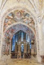 Interior view at the Charola of the Convent of Christ, magnificent Knights Templar architecture, round church altar, paintings and