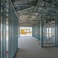 Interior view of a construction site featuring a metal frame structure Royalty Free Stock Photo