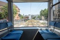 Interior view of a corridor inside passenger trains with blue fabric seats of German railway train system. Royalty Free Stock Photo
