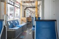 Interior view of a corridor inside passenger trains with blue fabric seats of German railway train system. Royalty Free Stock Photo