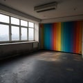 Interior view of an empty room with vibrant rainbow painted floor, adding pop of color to otherwise plain space. Royalty Free Stock Photo