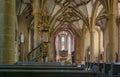 Interior view of the evangelical town church of Bad Wimpfen, view of the altar. Neckartal, Baden-Wuerttemberg, Germany, Europe