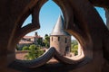 Interior view gothic window at medieval castle. View of a tower