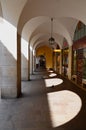 Spacious hallway view of an arcade in the Laubengasse in Meran,