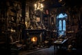 Interior View of a Haunted House with Antique Furniture, Cobwebs, Dusty Books, Fireplace and Creepy Details. Halloween Theme Royalty Free Stock Photo
