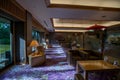 Interior view of the hotel lobby of a traditional Japanese style hotel, Ranzan hotel in Arashiyama, Kyoto, Japan