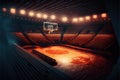 Interior view of an illuminated basketball stadium for a game. Generative AI Royalty Free Stock Photo