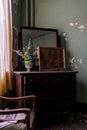 Derelict Intact Guest Room with Dresser + Flowers - Abandoned Wyoming Hotel - Mullens, West Virginia