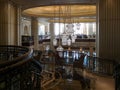 Interior view of a luxurious hotel, modern light chandelier in the hall