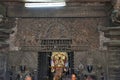 Interior view of the main shrine of god Vishnu, Chennakeshava temple, Belur, Karnataka. Ornate doorjamb, lintel and guardians, Jay